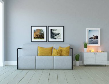 Bir İskandinav oturma odası iç kanepe, bitkiler ve ahşap zemin ile fikir. Ev nordic iç. 3D çizim 