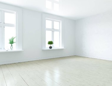 Boş İskandinav odası iç ahşap zemin üzerinde bitkiler ile fikir. Ev nordic iç. 3D çizim - illüstrasyon