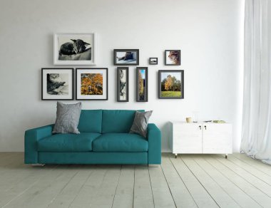 Bir İskandinav oturma odası iç kanepe, ahşap zemin ve büyük duvar dekor ile fikir. Ev nordic iç. 3D çizim - illüstrasyon