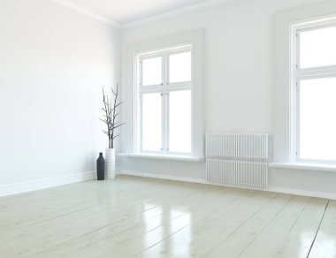 Oda iç pencere. İskandinav iç tasarım. 3D çizim