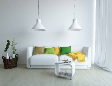 Bir İskandinav oturma odası iç kanepe, bitkiler ve ahşap zemin ile fikir. Ev nordic iç. 3D çizim 