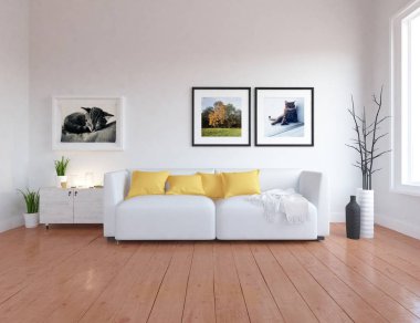 Bir İskandinav oturma odası iç kanepe, bitkiler ve ahşap zemin ile fikir. Ev nordic iç. 3D çizim 