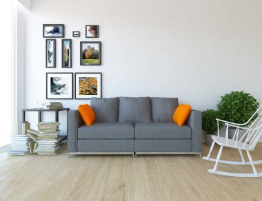 Bir İskandinav oturma odası iç kanepe, bitkiler ve ahşap zemin ile fikir. Ev nordic iç. 3D çizim 