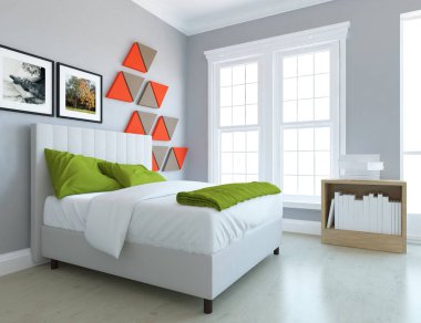 Büyük duvardaki fikir İskandinav yatak odası iç çift kişilik yatak ve resimler. Ev nordic iç. 3D çizim 