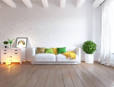 Bir İskandinav oturma odası iç kanepe, bitkiler ve ahşap zemin ile fikir. Ev nordic iç. 3D çizim 