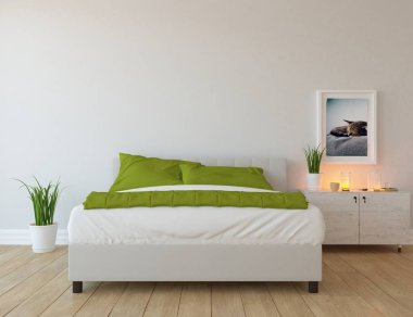 Büyük duvardaki fikir İskandinav yatak odası iç çift kişilik yatak ve resimler. Ev nordic iç. 3D çizim 