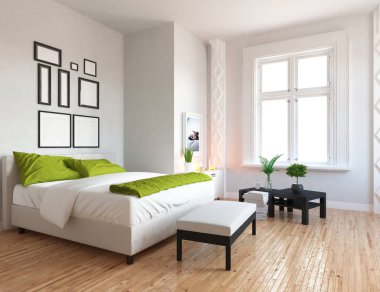 Büyük duvardaki fikir İskandinav yatak odası iç çift kişilik yatak ve resimler. Ev nordic iç. 3D çizim 