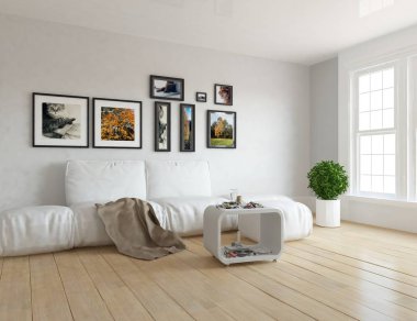 İskandinav oturma odası iç kanepe, bitki ve ahşap zemin ile fikir. Ev nordic iç. 3D çizim 