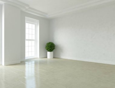 Boş İskandinav odası iç ahşap zemin üzerinde bitki ile fikir. Ev nordic iç. 3D çizim - illüstrasyon