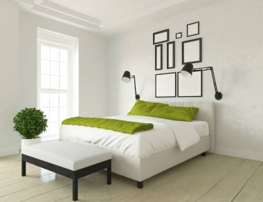 Büyük duvardaki fikir İskandinav yatak odası iç çift kişilik yatak ve resimler. Ev nordic iç. 3D çizim 