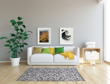 İskandinav oturma odası iç kanepe, bitki ve ahşap zemin ile fikir. Ev nordic iç. 3D çizim 