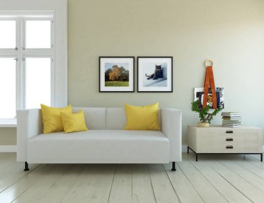 İskandinav oturma odası iç kanepe, bitki ve ahşap zemin ile fikir. Ev nordic iç. 3D çizim 