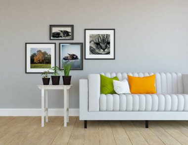 Bir İskandinav oturma odası iç kanepe, bitkiler ve ahşap zemin ile fikir. Ev nordic iç. 3D çizim 