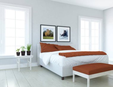 Büyük duvardaki fikir İskandinav yatak odası iç çift kişilik yatak ve resimler. Ev nordic iç. 3D çizim 