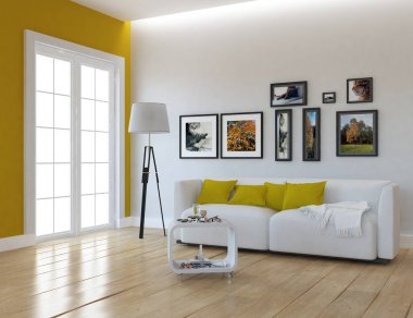 Bir İskandinav oturma odası iç kanepe, ahşap zemin ve büyük duvar dekor ile fikir. Ev nordic iç. 3D çizim - illüstrasyon