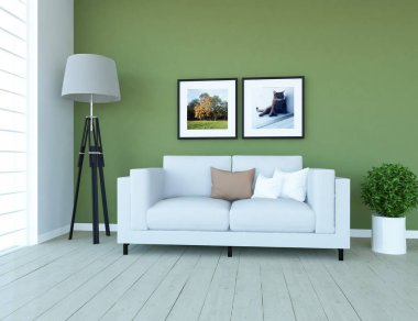 İskandinav oturma odası iç kanepe, bitki ve ahşap zemin ile fikir. Ev nordic iç. 3D çizim 