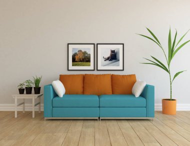 Bir İskandinav oturma odası iç kanepe, bitkiler ve ahşap zemin ile fikir. Ev nordic iç. 3D çizim 