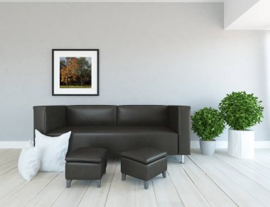 Bir İskandinav oturma odası iç kanepe, bitkiler ve ahşap zemin ile fikir. Ev nordic iç. 3D çizim 