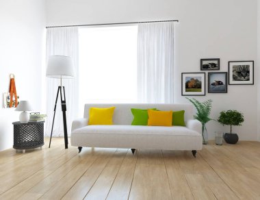 Bir İskandinav oturma odası iç kanepe, bitkiler ve ahşap zemin ile fikir. Ev nordic iç. 3D çizim 