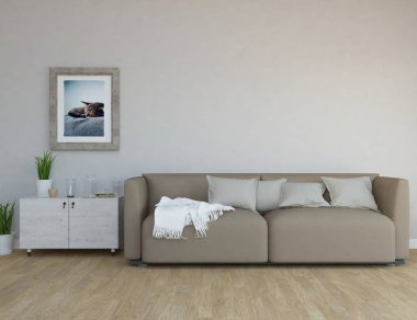 Bir İskandinav oturma odası iç kanepe, bitkiler ve ahşap zemin ile fikir. Ev nordic iç. 3D çizim 