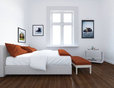 Büyük duvardaki fikir İskandinav yatak odası iç çift kişilik yatak ve resimler. Ev nordic iç. 3D çizim 