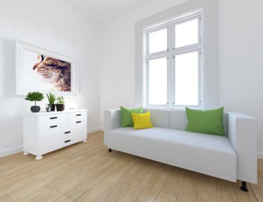 Bir İskandinav oturma odası iç kanepe, bitkiler ve ahşap zemin ile fikir. Ev nordic iç. 3D çizim 