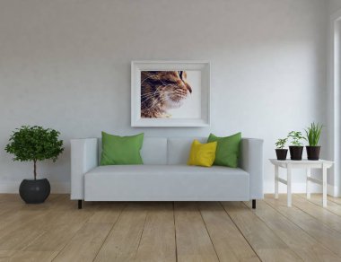 Bir İskandinav oturma odası iç kanepe, bitkiler ve ahşap zemin ile fikir. Ev nordic iç. 3D çizim 