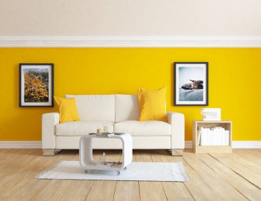 Bir İskandinav oturma odası iç kanepe, ahşap zemin ve büyük duvar dekor ile fikir. Ev nordic iç. 3D çizim - illüstrasyon