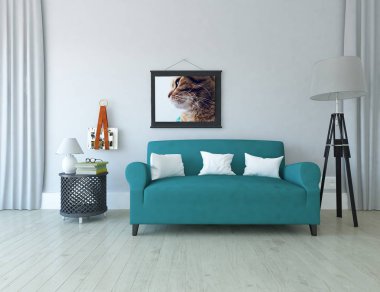 Bir İskandinav oturma odası iç kanepe, ahşap zemin ve büyük duvar dekor ile fikir. Ev nordic iç. 3D çizim - illüstrasyon