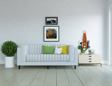 Bir İskandinav oturma odası iç kanepe, bitkiler ve ahşap zemin ile fikir. Ev nordic iç. 3D çizim 