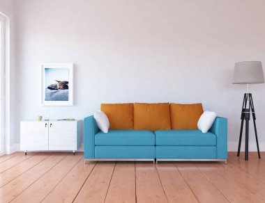 Bir İskandinav oturma odası iç kanepe ahşap zemin üzerinde ve büyük duvar dekor anlayışı. Ev nordic iç. 3D çizim - illüstrasyon