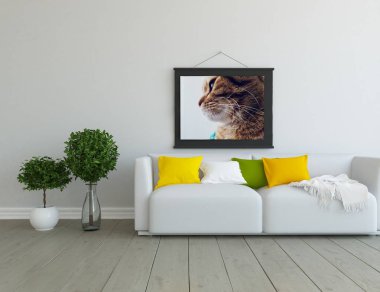 Bir İskandinav oturma odası iç kanepe, bitkiler ve ahşap zemin ile fikir. Ev nordic iç. 3D çizim 