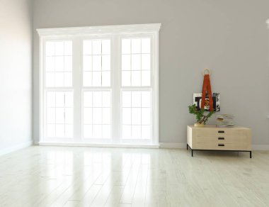 Oda iç pencere. İskandinav iç tasarım. 3D çizim