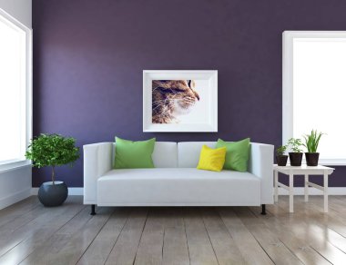 Bir İskandinav oturma odası iç kanepe, bitkiler ve ahşap zemin ile fikir. Ev nordic iç. 3D çizim 