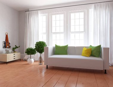 Bir İskandinav oturma odası iç kanepe, bitkiler ve ahşap zemin ile fikir. Ev nordic iç. 3D çizim 