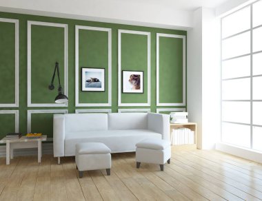 Bir İskandinav oturma odası iç kanepe ahşap zemin üzerinde ve büyük duvar dekor anlayışı. Ev nordic iç. 3D çizim - illüstrasyon