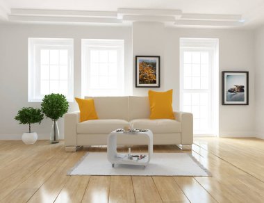 Bir İskandinav oturma odası iç kanepe, bitkiler ve ahşap zemin ile fikir. Ev nordic iç. 3D çizim 