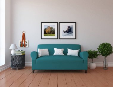 Bir İskandinav oturma odası iç kanepe, bitkiler ve ahşap zemin ile fikir. Ev nordic iç. 3D çizim 