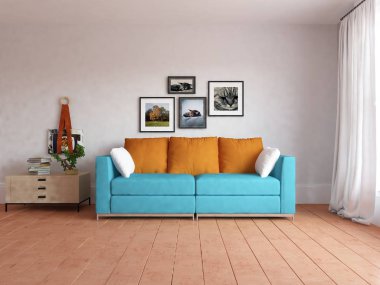 İskandinav oturma odası iç kanepe, bitki ve ahşap zemin ile fikir. Ev nordic iç. 3D çizim 