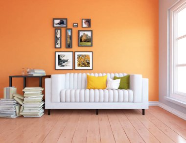 Bir İskandinav oturma odası iç kanepe ahşap zemin üzerinde ve büyük duvar dekor anlayışı. Ev nordic iç. 3D çizim - illüstrasyon