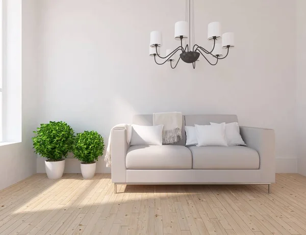 Idee Einer Skandinavischen Wohnzimmereinrichtung Mit Sofa Pflanzen Und Holzboden Heimat — Stockfoto
