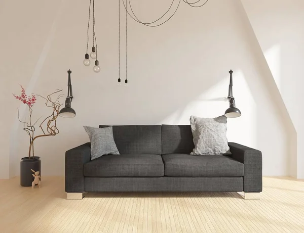 Idea of a scandinavian living room interior with sofa on the wooden floor and decor on the large wall . Home nordic interior. 3D illustration - Illustration
