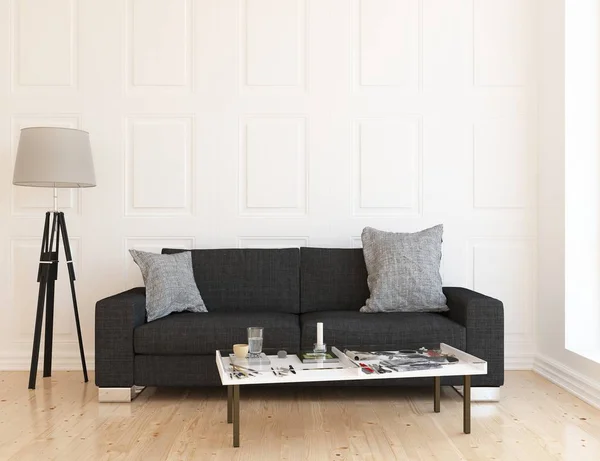 Pomysł Wnętrza Skandynawski Salon Sofą Drewnianej Podłodze Wystrój Dużej Ścianie — Zdjęcie stockowe