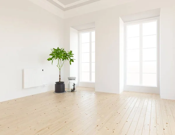 Idea Habitación Escandinava Vacía Interior Con Planta Ventanas Suelo Madera — Foto de Stock