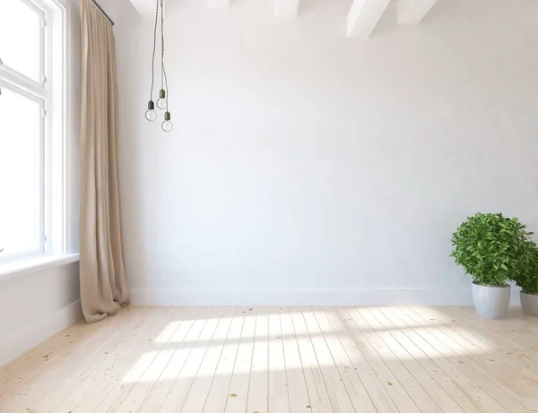 Idea Habitación Escandinava Vacía Interior Con Plantas Suelo Madera Inicio — Foto de Stock