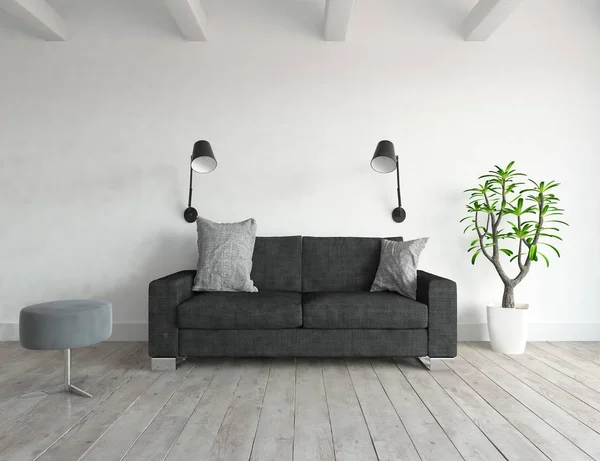 Představu Interiéru Skandinávské Obývacího Pokoje Pohovkou Rostlin Dřevěné Podlahy Domácí — Stock fotografie