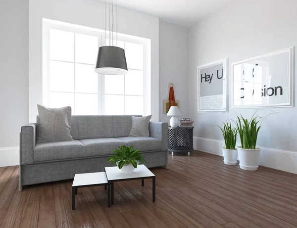 Idea of a  scandinavian living room interior with sofa ,plants and wooden floor  . Home nordic interior. 3D illustration