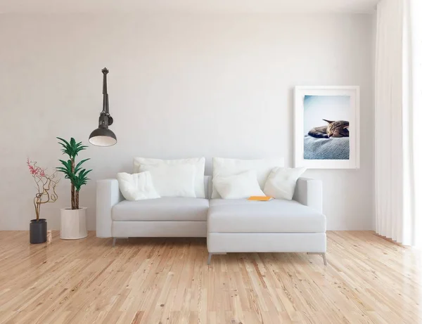 提出了在沙发 植物和木地板上的斯堪的纳维亚客厅内部的想法 家北欧内饰 — 图库照片