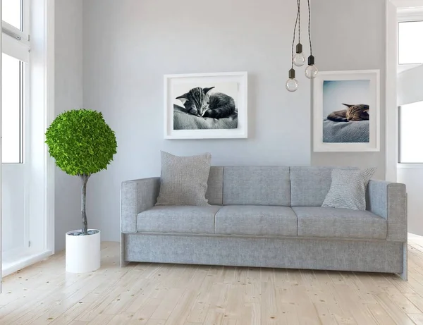 İskandinav oturma odası iç kanepe, bitki ve ahşap zemin ile fikir. Ev nordic iç. 3D çizim 