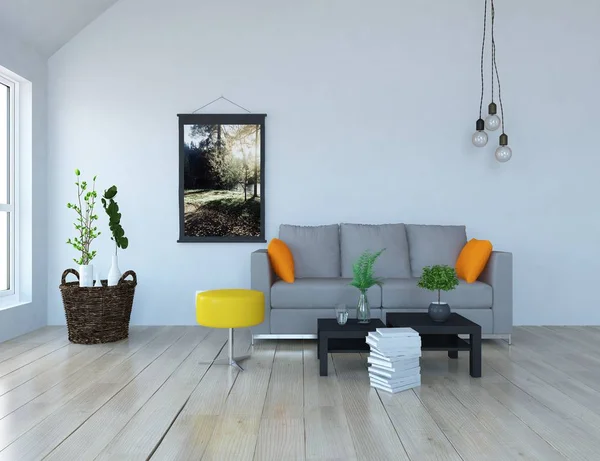 Idea Scandinavian Living Room Interior Sofa Plants Wooden Floor Home — Stock Photo, Image